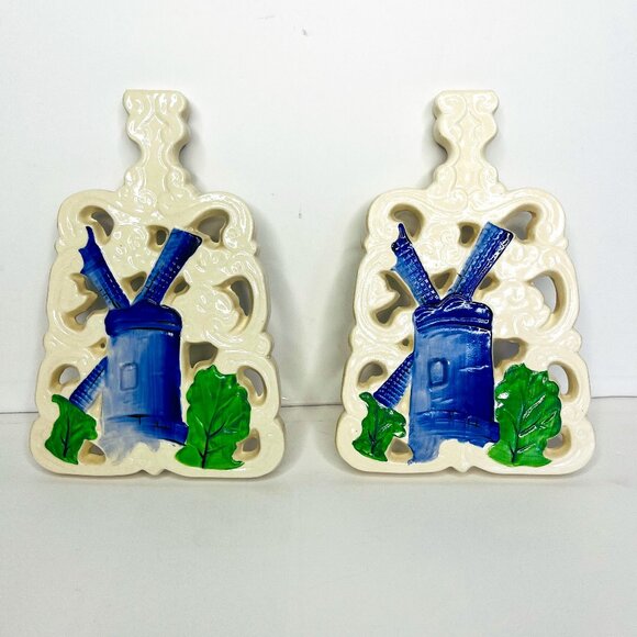 Fred Roberts Co. Porcelain Dutch Windmill Design Set 2 Ceramic White Blue Green - Picture 1 of 12